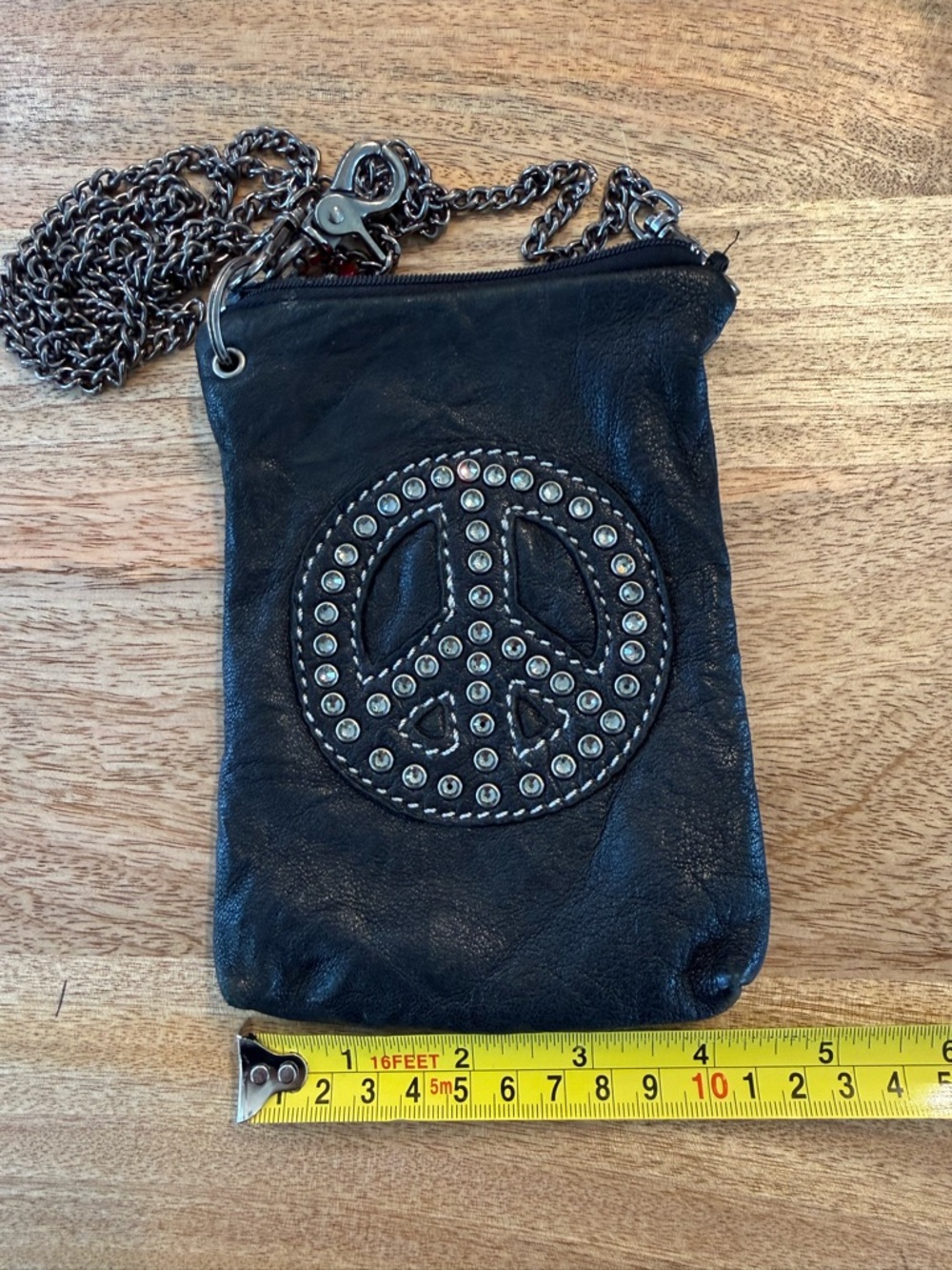 Black Studded Peace Sign Leather Crossbody Bag Y2K - Picture 3 of 5